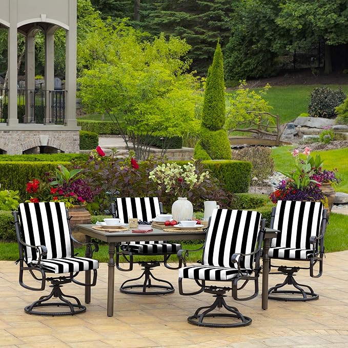 Arden Outdoor Patio Dining Chair Cushion, 20x44, Rain-Proof Seat Pad, Fade-Resistant Outdoor Cushion Black Cabana Stripe