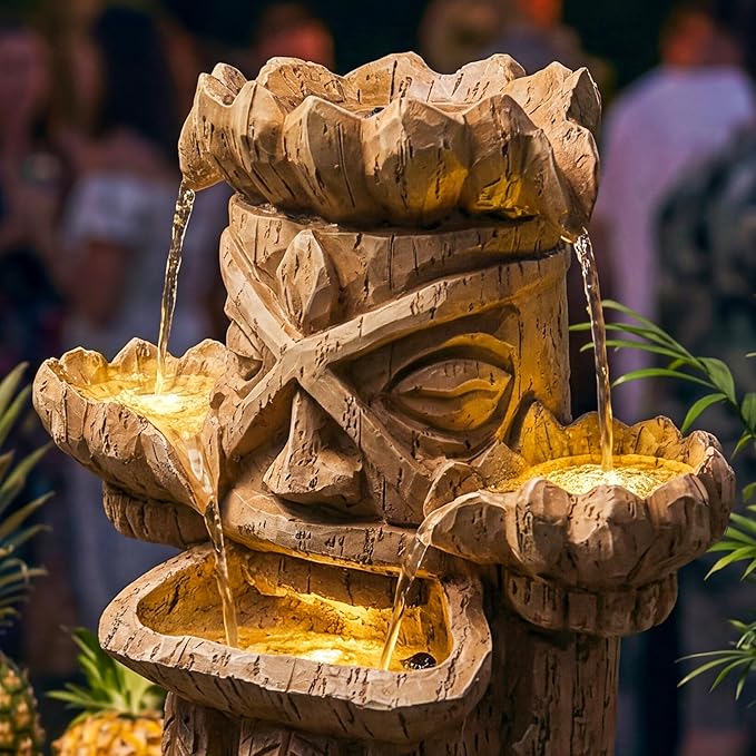 20-Inch Outdoor Water Fountain, 3-Tier Polynesian Tiki Head Resin Waterfall Fountain with 4 Warm LED Lights, Home Art Decor for Garden, Patio, Yard, Deck, Porch, Deck or Lawn in Natural Wood