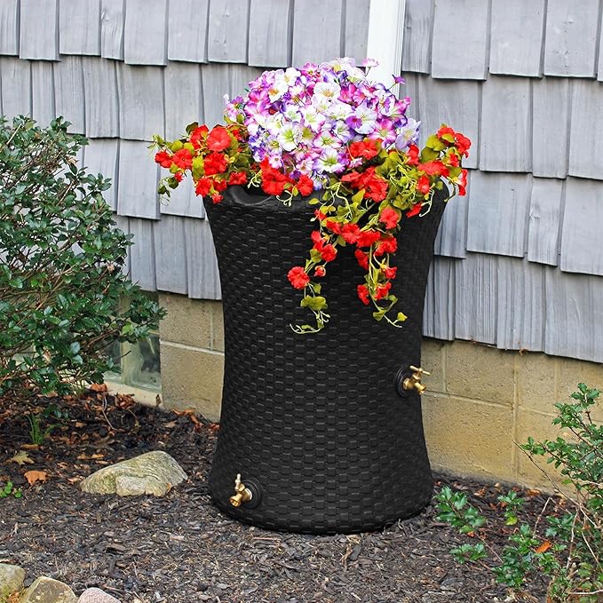 Good Ideas Impressions 50 Gallon Nantucket Outdoor Home Rain Barrel Water Storage Collector with Garden Planter and Brass Spigot, Black (3 Pack)
