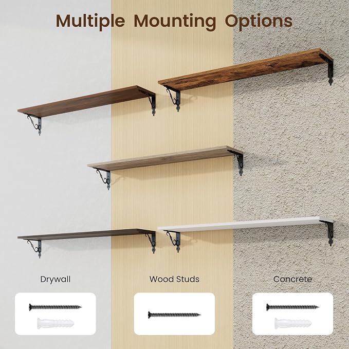 RICHFOCUS Floating Shelves for Wall Decor, 39.4W x 8D Shelves Set of 2, 8 Inch Deep Rustic Wood Shelves Wall Mounted with Brackets, Long Floating Shelves for Living Room Bedroom Kitchen, Walnut
