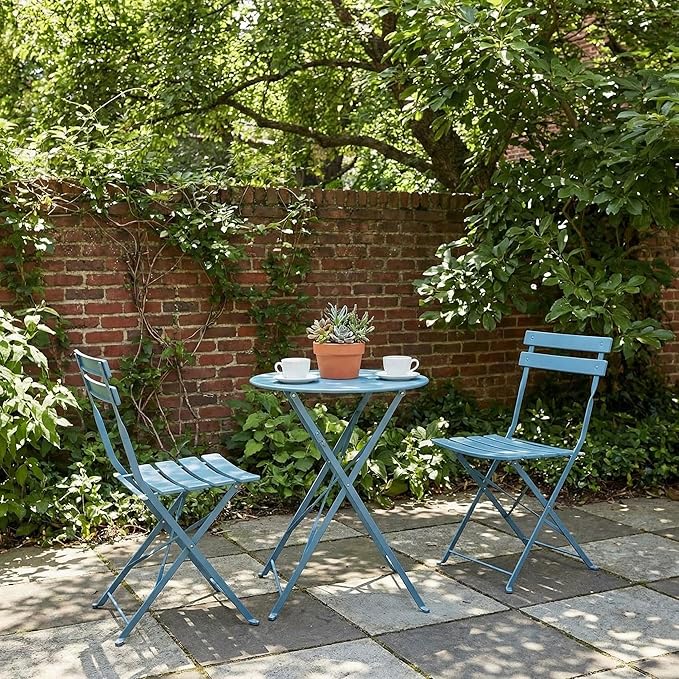 GarveeHome 3-Piece Foldable Bistro Set, Outdoor Patio Furniture with 2 Folding Chairs & 1 Table, Weather-Resistant Indoor/Outdoor Conversation Set for Patio, Blue