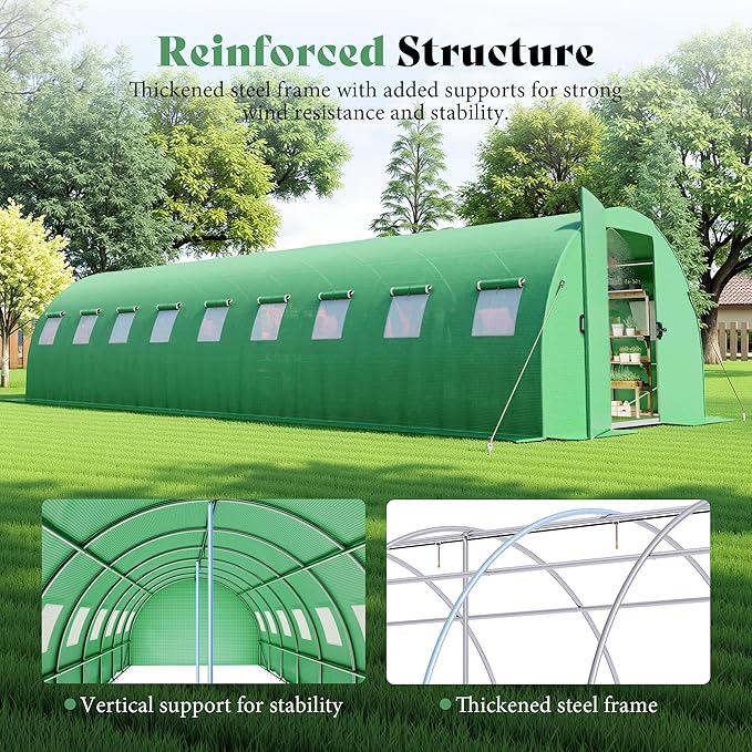 AMERLIFE 30×10 FT Tunnel Greenhouse with Built-in Sprinkler System, Walk-in Greenhouse for Backyard Gardening, Heavy Duty Galvanized Steel Frame & Waterproof PE Cover, Green