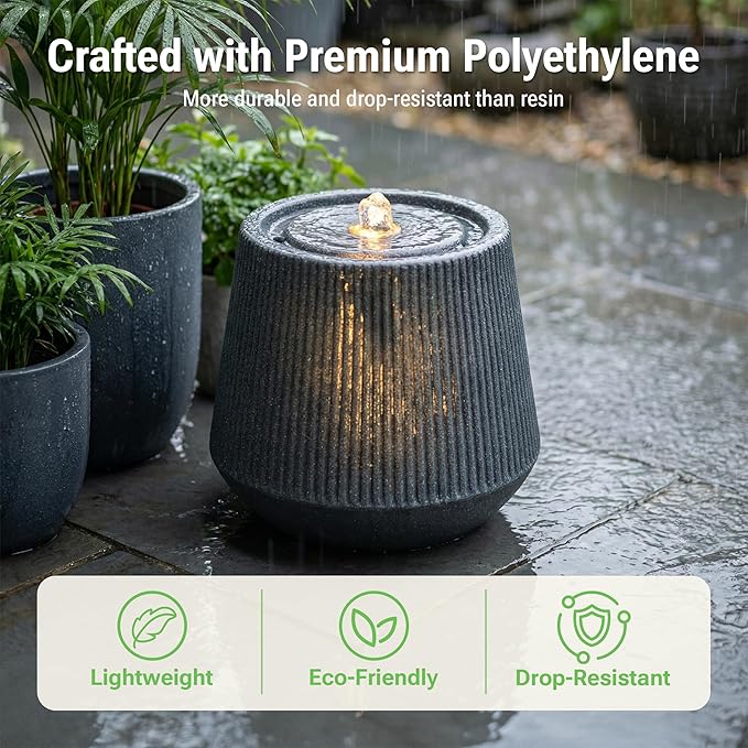 10-Inch Outdoor Water Fountain, Made with Eco-Friendly Recyclable Polyethylene, Round Bubbler Waterfall Fountain with LED Light, Home Art Decor for Patio, Porch, Yard, Deck, Balcony in Gray
