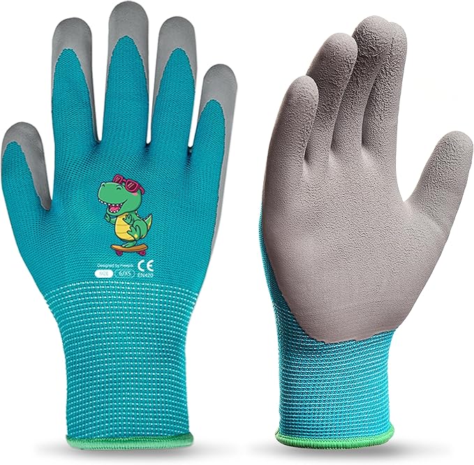 KDK Ages 8-10 Kids Gardening Gloves,Yard Work Gloves for Toddlers, Youth, Girls, Boys, Childrens, Soft Safety Rubber Gloves (XS Age 8-10, 1 Pair Blue Dinosaur)