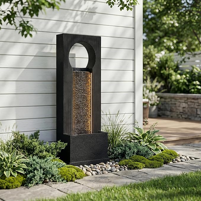 40-Inch Outdoor Water Fountain, Modern Indoor & Outdoor Freestanding Resin Waterfall Fountain with LED Strips, Water Feature for Garden, Patio, Porch, Deck, Backyard in Gray, Home Art Decor