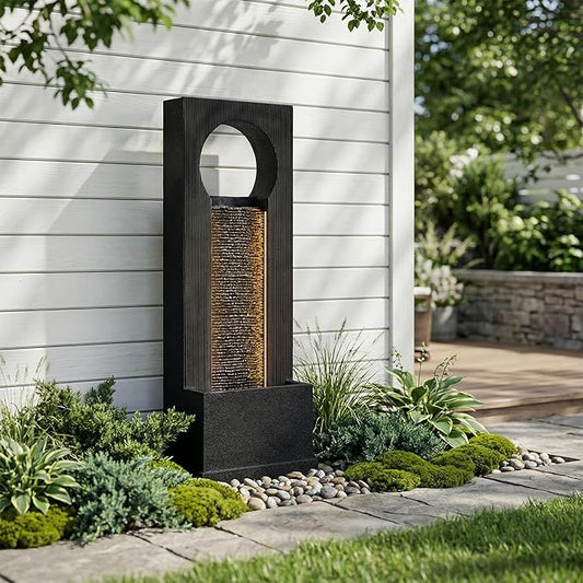 40-Inch Outdoor Water Fountain, Modern Indoor & Outdoor Freestanding Resin Waterfall Fountain with LED Strips, Water Feature for Garden, Patio, Porch, Deck, Backyard in Gray, Home Art Decor