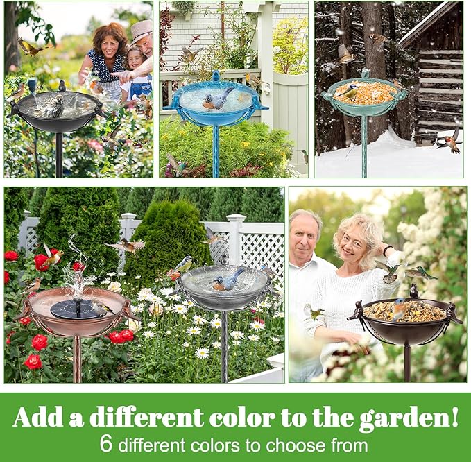 58In Freestanding Birdbaths Bowl Outdoor, Free Standing Garden Bird Bath Feeder Bowl with 3 Bird Statues, Birdbath & Birdfeeder with Metal Stake Garden Yard Lawn Decor (Retro Silver)
