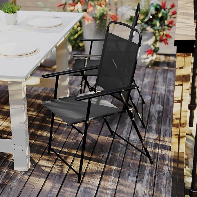 Flash Furniture Mystic Folding Patio Sling Chairs, Outdoor Textilene Lawn Chairs with Armrests, Set of 2, Black