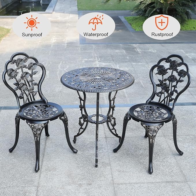 3-Piece Cast Aluminum Outdoor Bistro Set, Outdoor Table and Chairs Set of 2 with Umbrella Hole for Patio Garden (Bronze, Rose)