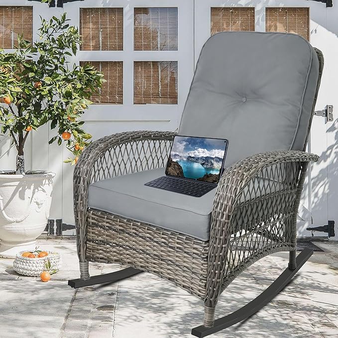Outdoor Wicker Rocking Chair, All Weather Resin Rattan Wicker Rocking Chairs, for Garden Backyard Lown Porch,1pc,Grey