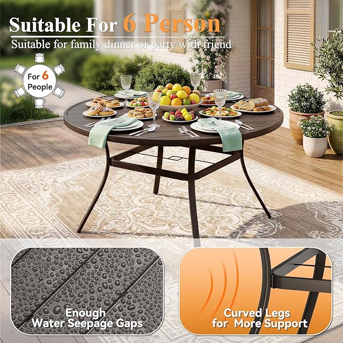 Round Outdoor Dining Table, Metal Round Patio Table for 8-Person with Adjustable Umbrella Hole, Weather-Resistant for Garden Backyard Porch