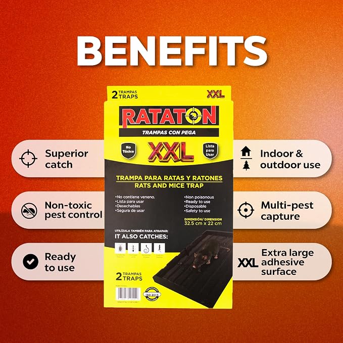 Glue trap for rats and mice, for extra large animals, without poison, non-toxic, you can release the animal just apply cooking oil. Easy to use indoor and outdoor use, Safe for people and pets