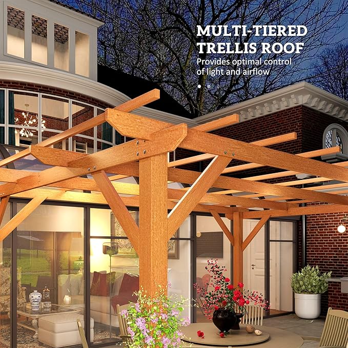 Outsunny 10' x 13' Outdoor Pergola, Wood Gazebo Grape Trellis with Stable Structure and Concrete Anchors for Climbing Plant Support, Garden, Patio, Backyard, Deck, Dark Brown