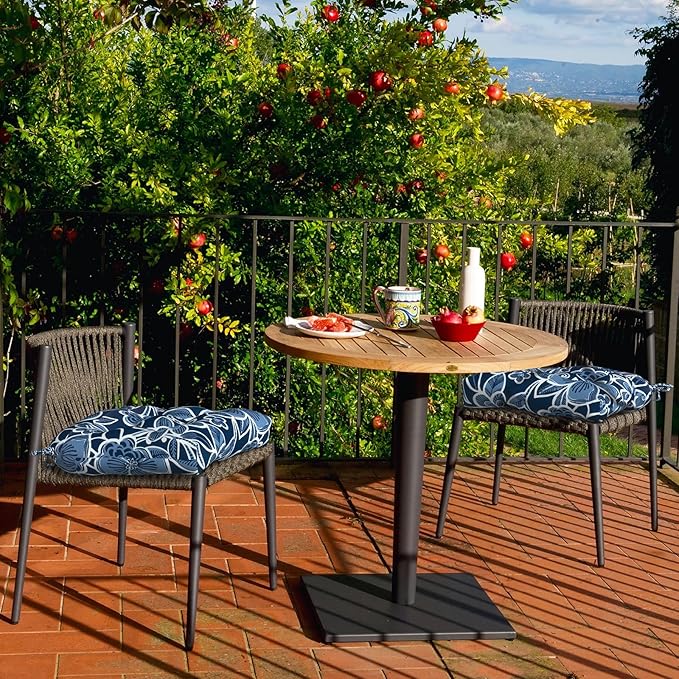 DYTXIII Set of 2 Outdoor Chair Cushions 19"x19"x4", Water Repellent Tufted Patio Seat Cushions with Ties, Thick Replacement Pads for Wicker Dining Chairs, Patio Furniture, Flower Navy