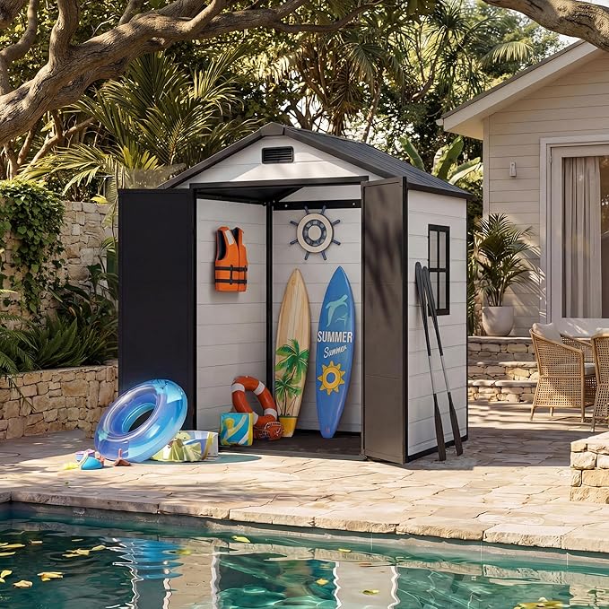 Outdoor Storage Shed with Floor, Plastic Resin Garden Shed with Window & Sloping Roof & Lockable Door for Patio Backyard Garden, Lawn Mower, Bike, Tool Storage (Grayish White + Black, 6' x 4')