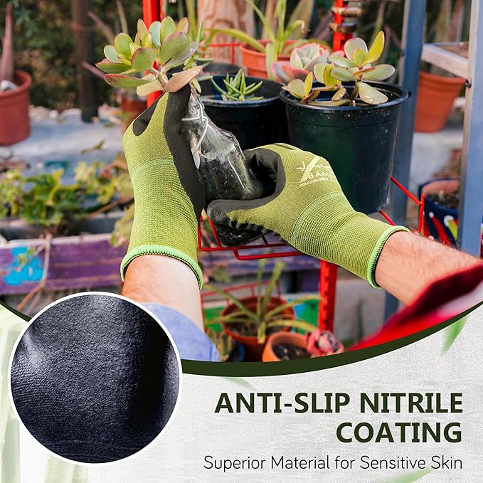 COOLJOB 2 Pairs Gardening Working Gloves for Men and Women, Touchscreen, Grippy Nitrile Rubber Coated for Garden Yard, Green/Black,Medium Size (M)