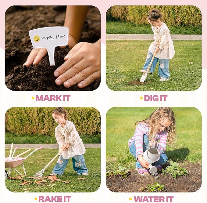 ROBUD Kids Wheelbarrow with Gardening Tools Set-9pcs Metal Toddler Wheelbarrow, Garden Tools, Watering Can, Plant Labels– Child Outdoor Toy for Ages 3+, Christmas Birthday Gifts for Boys Girls(Pink)