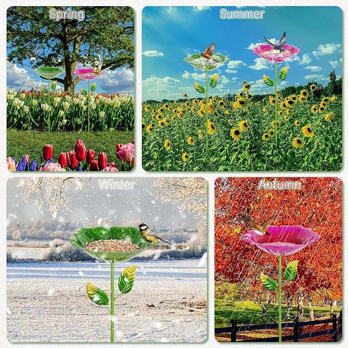 2 Pack Bird Baths for Outdoors, Colorful Metal Bird Bath for Outside, Hummingbird Bath with Five Stakes, Garden Flower Small Birdbath for Garden Decor, 31.3" H x 10.63" Dia (Red,Green)