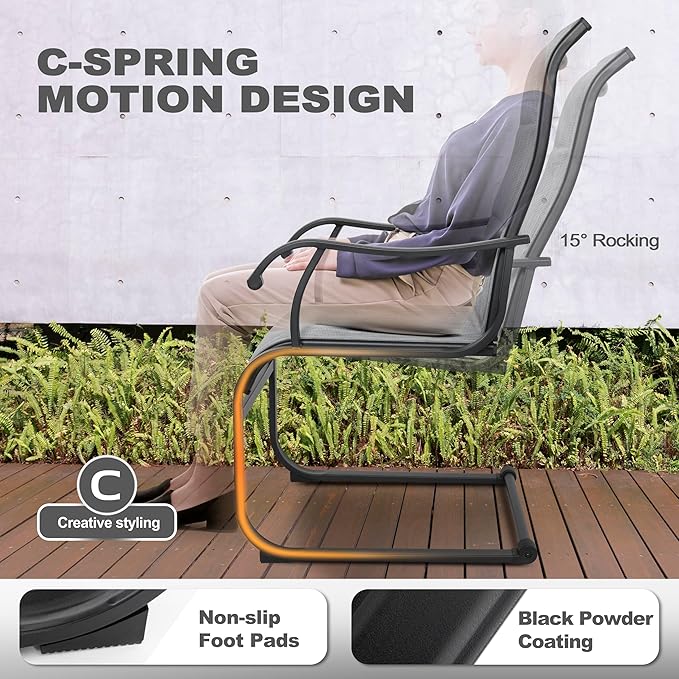 NUU GARDEN Patio Dining Chairs Set of 2, All Weather Outdoor Padded Textilene Patio Chairs, Breathable Spring Motion Textile High Back Outdoor Dining Chairs for Backyard, Lawn, Deck, Grey