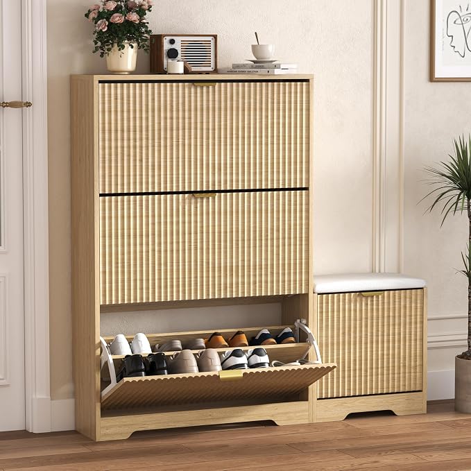 HUANLEGO Shoe Cabinet Storage for Entryway with Flip Drawer & Bench, Oak