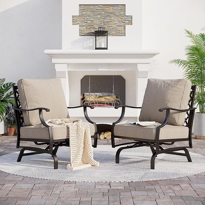 SUNSHINE VALLEY Metal Outdoor Patio Rocker Chairs Set of 2 with 5.75" Extra Thick Cushion, 2 Piece High Back Rocker Patio Chairs All Weather Outdoor Furniture Seating for Deck Porch Backyard, Beige