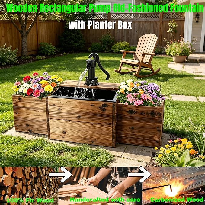 NestNature Outdoor Water Fountain,Floor Wooden Rectangular Pump Old-Fashioned Fountain with Flower Box,Electric Decorative Hand Pump, Outdoor Water Feature for Garden Patio Backyard