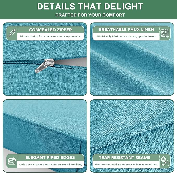 Summsun Faux Linen Outdoor Chair Cushions, Water Resistant Backrest and Deep Seat Cushion Set with Removable Cover, Straps, Non-Slip Bottom for Patio Furniture, 24 x 24 Inch, Teal