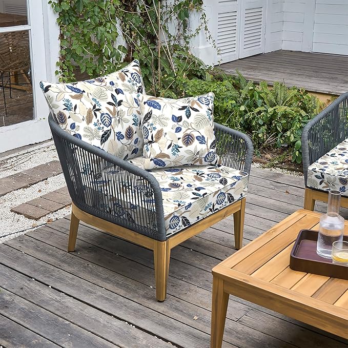 LVTXIII Outdoor/Indoor Deep Seat Cushion Patio Seat and Back Cushion Set All-Weather Replacement Chair Cushion for Wicker Chairs and Garden Furniture Decoration, 24"x24"x4", Breeze Leaves Beige