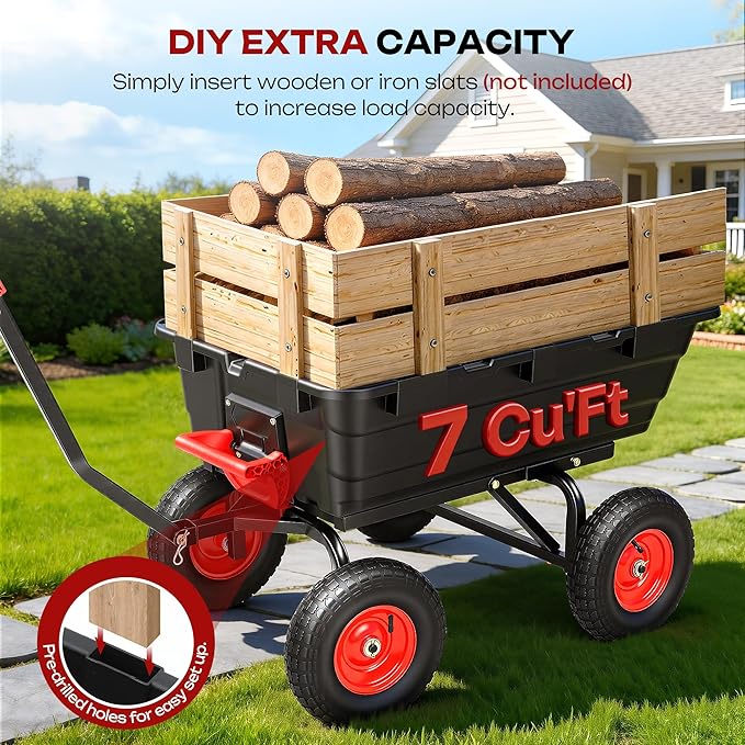 Autodaya 1200lbs Garden Dump Cart,7 Cu.Ft Utility Wagon Cart with Hitch,Heavy Duty Yard Dump Wagon Wheelbarrows with 13" All Terrain Wheels & 2-in-1 Handle,Tow Behind for Lawn Mower Tractor ATV
