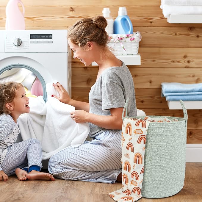 XUANGUO Cotton Rope Laundry Basket Hamper for Clothes, green