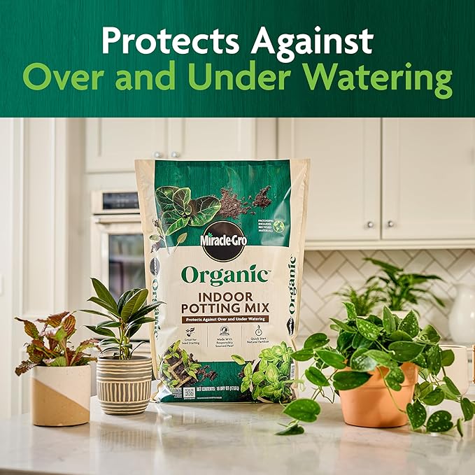Miracle-Gro Organic Indoor Potting Mix - Protects Against Over and Under Watering, Planting Soil for Indoor Container Plants, Houseplants and Starter Plants, OMRI Listed, 16 qt. (2-Pack)