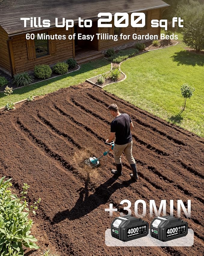 Cordless Tiller Cultivator for Gardening, 20V Electric Garden Rototillers with 2x4.0Ah Batteries, 9In Tilling Width,7In Depth, Adjustable Handle, Battery Powered Small Tiller for Soil/Cultivating/Lawn