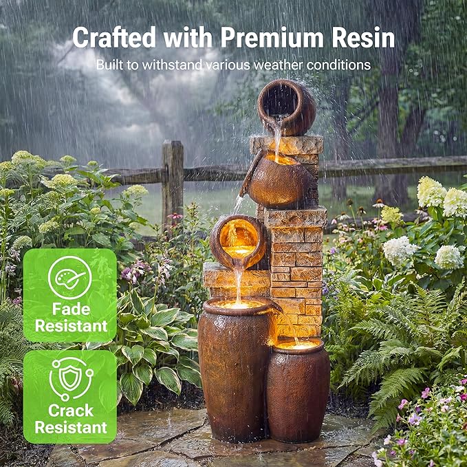 44-Inch Outdoor Water Fountain, 5-Tier Floor Standing Cascading Jars and Stacked Stones Resin Waterfall Fountain with 4 LED Lights, Home Decor for Garden, Patio, Yard, Farmhouse or Deck in Brown