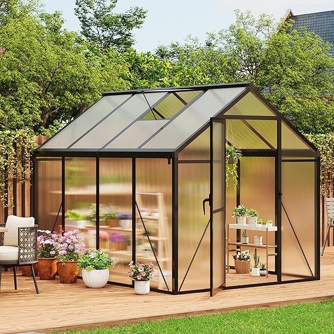 Garvee 6 x 8 ft Greenhouse, Greenhouses for Outside, Polycarbonate Greenhouse with Aluminum Frame, Lockable Door and Ajustable Roof Vent for Backyard, Green Houses for Outside Garden Backyard, Patio