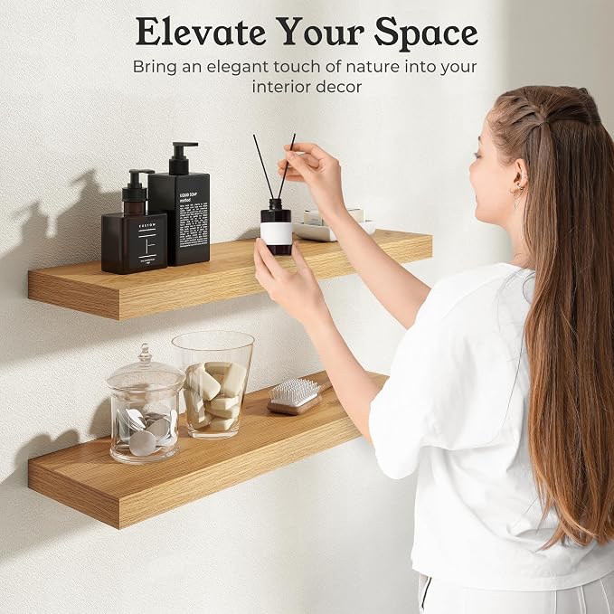 16" Natural Oak Color Floating Shelves Wood Wall Shelf, Set of 2 | Wall Mounted Wood Shelves, For Bathroom, Bedroom, Living Room, Kitchen, Hanging Shelf for Books/Storage/Room Décor