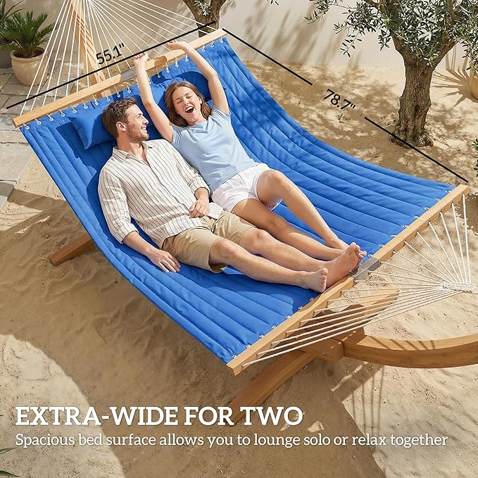 Outsunny Outdoor Hammock, 2-Person Hammock with Head Pillow and Pad, Wood Spreader Bars, 440 lbs Capacity, for Patio Yard Garden, 128" x 55", Navy Blue