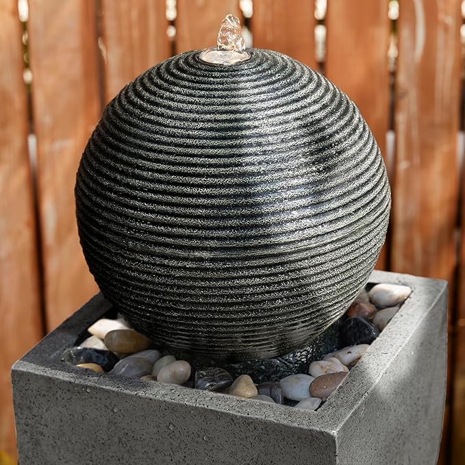 Glitzhome Outdoor Water Fountain, 40.5" H Modern Geometric Pedestal and Sphere Polyresin Outdoor Fountain, Garden Fountain Waterfall with Pebbles, Pump and LED Light for Patio, Backyard, Porch, Deck