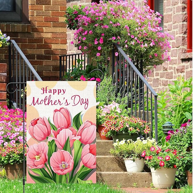 Doncida Happy Mother’s Day Garden Flag 12x18 Inch Burlap Double Sided Pink Tulip Floral Yard Flag Farmhouse Holiday Outside Decorations