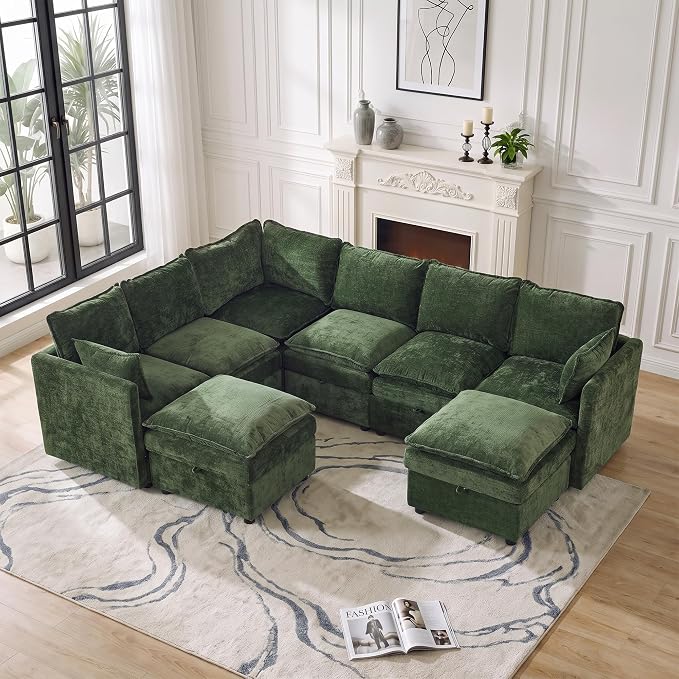 105" Storage V-Shaped Modular Sectional Sofa with 2 Ottomans, Green