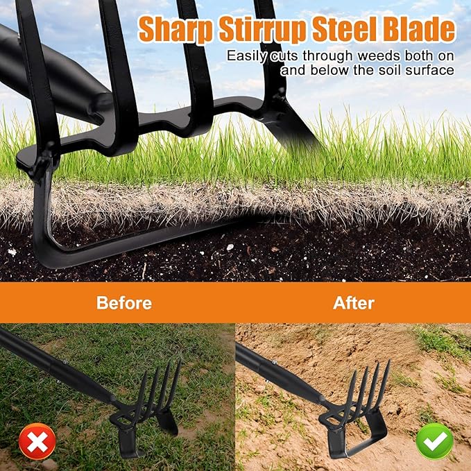 Garden Hoe with Cultivator Rake - Heavy Duty Stirrup Hoe Gardening Tool ,Sharp Blade,74 Inch Adjustable Long Handle,Weed Action Hoes for Fast Weeding,Grass Weeder Remover,Cultivating