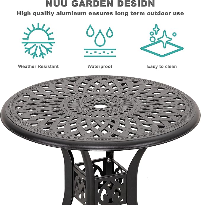 NUU GARDEN 30" Round Patio Bistro Table, Cast Aluminum Round Outdoor Bistro Table with Ice Bucket Function and Umbrella Hole for Poolside, Deck, Backyard, Balcony, Black with Gold Point