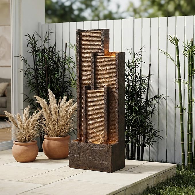 40-Inch Outdoor Water Fountain, Indoor & Outdoor Resin Waterfall Fountains with Soothing Water Sound & 4 Warm LED Lights, Home Art Decor for Garden, Patio, Yard, Porch, Deck, Balcony in Brown
