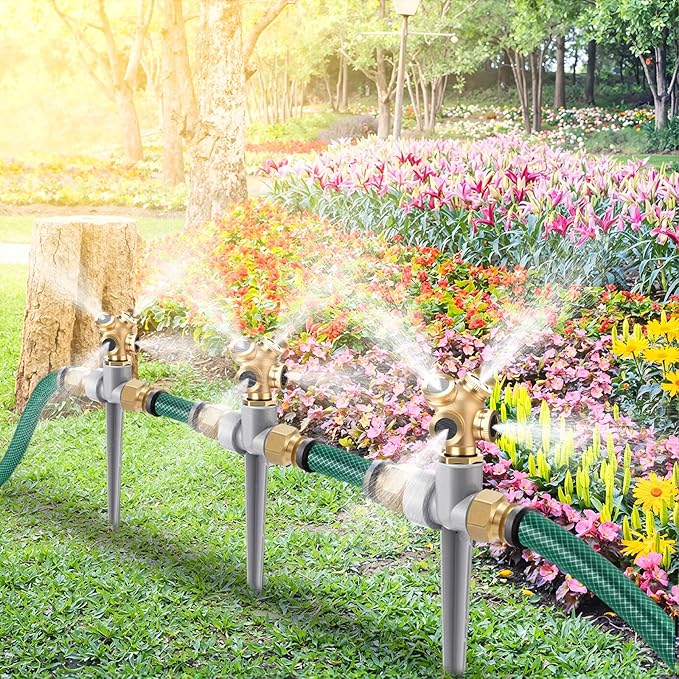 Tioncy 4 Pack Metal Lawn Sprinkler with Brass Nozzle, Heavy Duty Garden Spike Sprinkler Automatic Irrigation Tool for Lawn Garden Yard Greenhouse(Multi Nozzle,Silver)