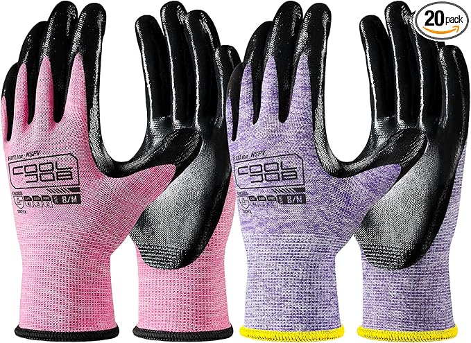COOLJOB 20 Pairs Nitrile Dipped Rubber Coated Safety Work Gloves with Grip, Non-slip Bulk Gardening Roofing Gloves for Ladies Women, Oil-resistant Gear for Package Handler, Warehouse Worker, Small