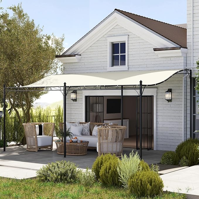 Outsunny 10' x 16' Outdoor Pergola Canopy, Wall-Mounted Metal Patio Canopy with Weather-Resistant Fabric and Drainage Holes for Backyard Garden Porch Beach, Cream White