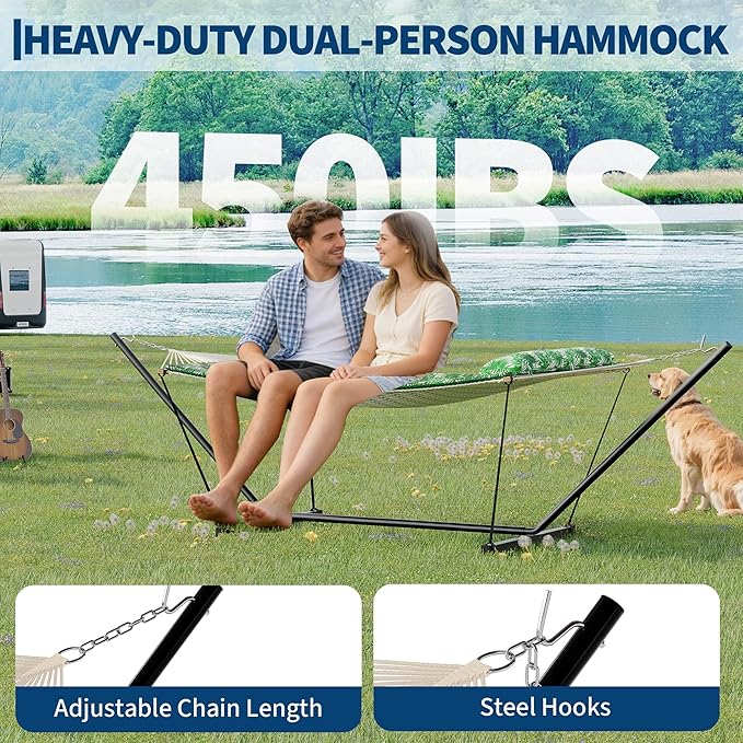 Garvee 2 Person Portable Double Hammock for Outdoor with Pillow, Heavy Duty Portable Hammock with Adjustable Steel Stand for Patio, Garden, Beach, Backyard