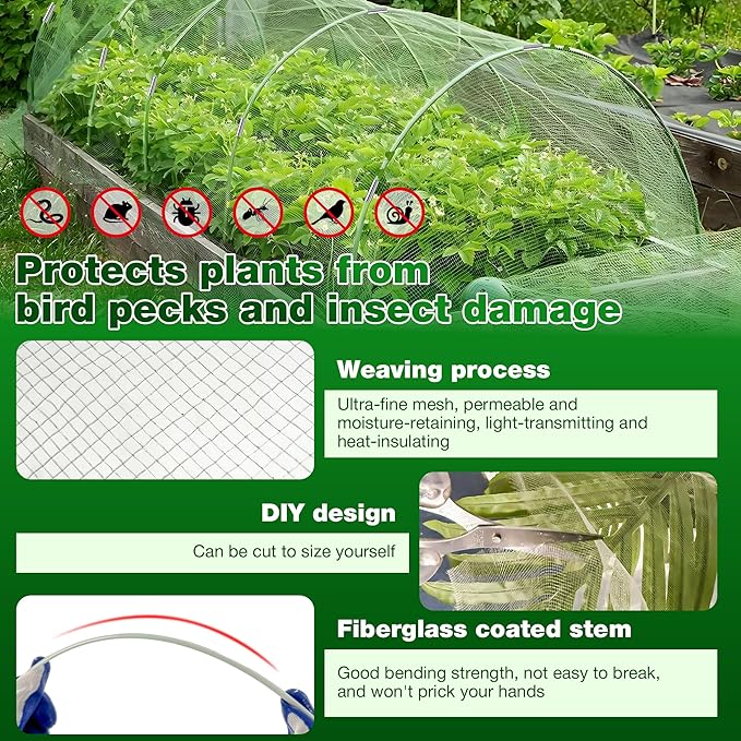 Garden Mesh Netting Kit, 2 Pieces 8x20FT Garden Netting, 100 Garden Hoops 80 Connectors 72 Clips 1 Pair Gloves, Protection for Plant Vegetable Fruits Flowers Greenhouse (White 8 * 20ft)