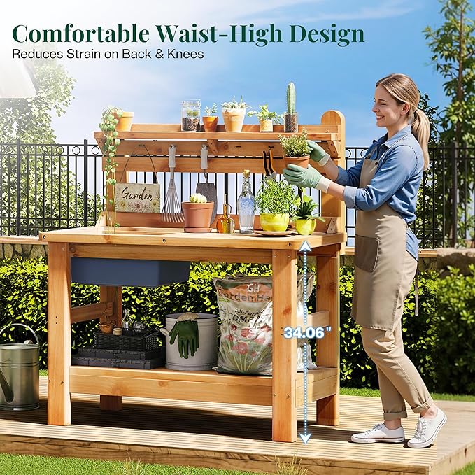 Jocisland Solid Fir Wood Outdoor Potting Bench Table with Large Tabletop, Heavy-Duty Garden Workstation with Removable Plastic Bin, Multi-Level Storage Shelf, Easy Assembly for Patio, Yard & Gardening