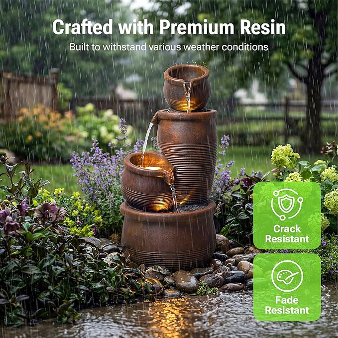24-Inch Outdoor Water Fountain, 4-Tier Cascading Crocks Resin Garden Waterfall Fountain, with 3 Warm LED Lights, Home Art Decor for Patio, Backyard, Deck, Porch, Farmhouse or Lawn in Brown