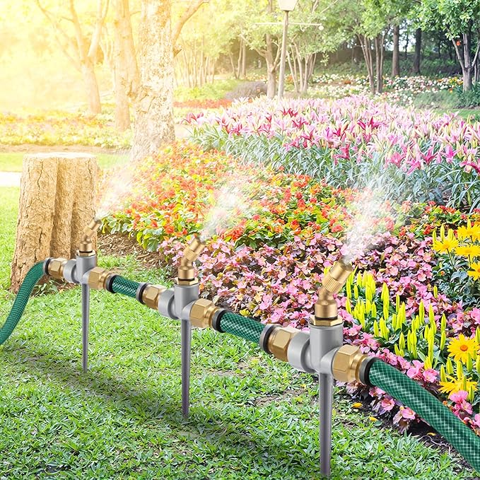 Tioncy 4 Pack Metal Lawn Sprinkler with Brass Nozzle, Heavy Duty Garden Spike Sprinkler Automatic Irrigation Tool for Lawn Garden Yard Greenhouse(Single Nozzle,Silver)